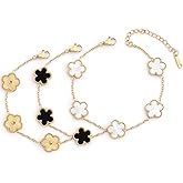 (Skin-Friendly&Fade-Resistant) 18K Gold Plated Bracelets Set for Women (Double Sided) Four Leaf Clover Cute Trendy Lucky Bracelet (Adjustable) Gold Jewelry for Women Birthdays Holidays Gifts 3pcs