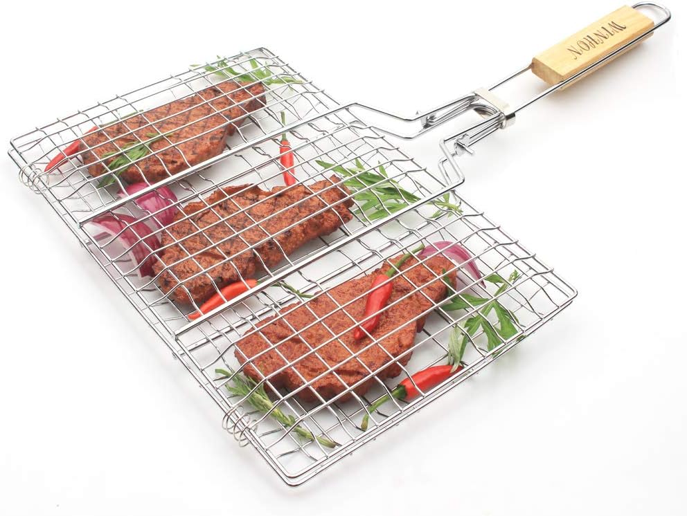 HUAXIONG BBQ Basket Barbecue Basket Grilling Basket for Fish,Vegetables, Steak,Shrimp, Chops and Many Other Food BBQ Tool Wooden Handle