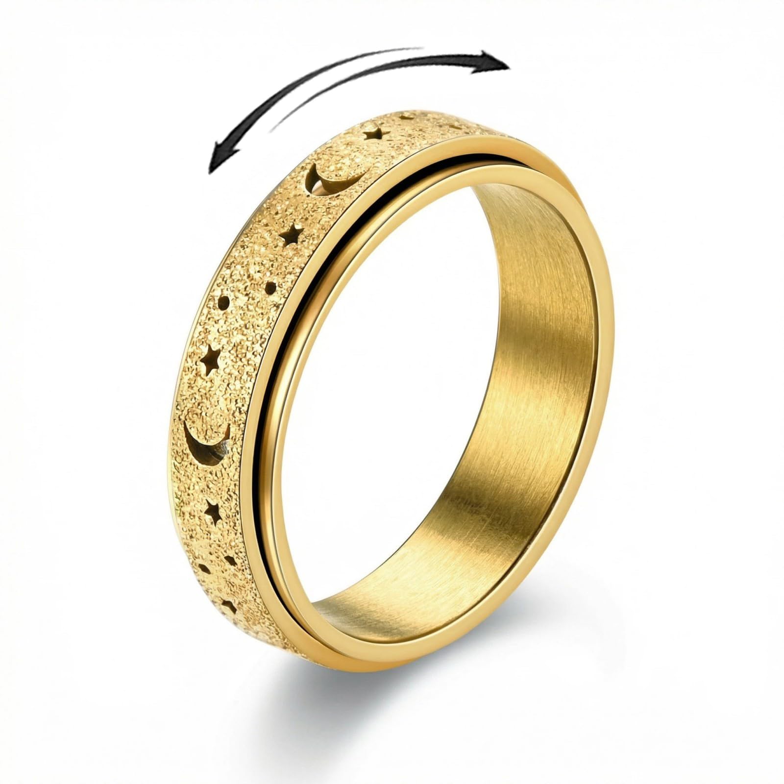 Zhaohyjianm Fidget Ring for Anxiety Relief - Stainless Steel Spinner Ring with Moon & Star, Stress Relief Calm Ring for Women & Men, Smooth Roller Fidget Band Ring (Gold, 11)