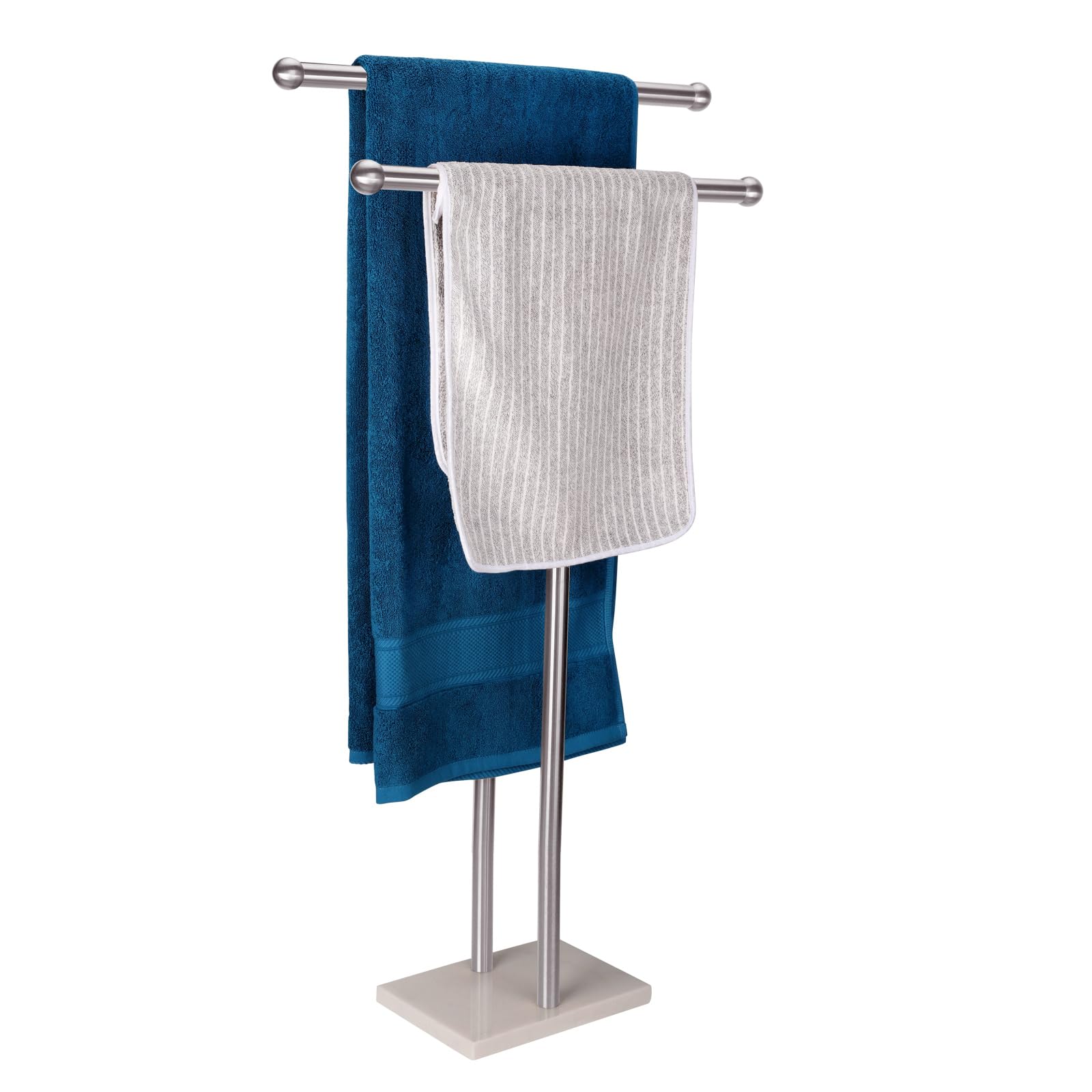 Photo 1 of WAYDELI Standing Towel Rack Double-T Shape Tall Bath Towel Sheet Holder with Marble Design Base for Bathroom 2 Tier Towel Holder Stand Stainless Steel (Brushed Nickel)