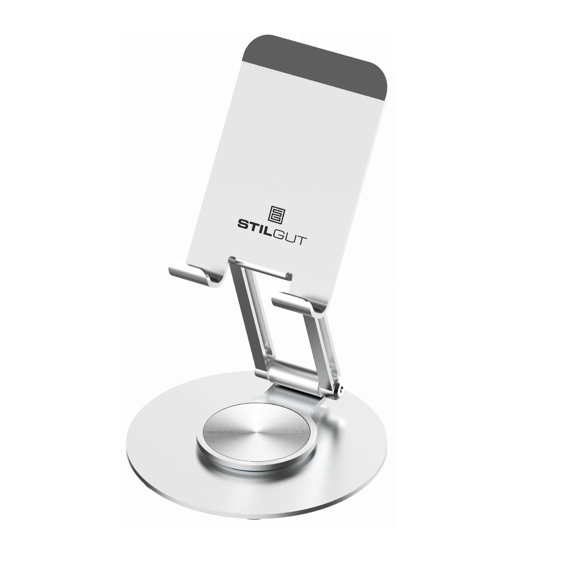 STILGUT Foldable Mobile Phone Stand for the Table, 360° Rotating Mobile Phone Holder Made of Aluminium, Compatible with iPhone 15 14 13 12 11 Pro Xs X 8, Galaxy, All Smartphones, Round, Silver