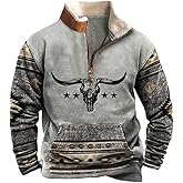 Zhyaj Western Sweatshirts for Men Aztec Cowboy Vintage Graphic Fleece Hoodie Mens Quarter Zip Pullover Country Jacket