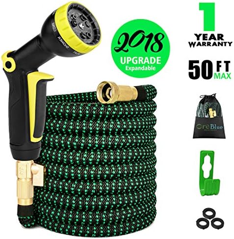 Greblue 50 ft Garden Hose,Lightweight Expandable Water Hose with 3/4 inch Soild Brass Fittings,Durable Outdoor Gardening Flexible Hose for Yard, 50’ Expanding Garden Hoses 9 Function Spray Nozzle