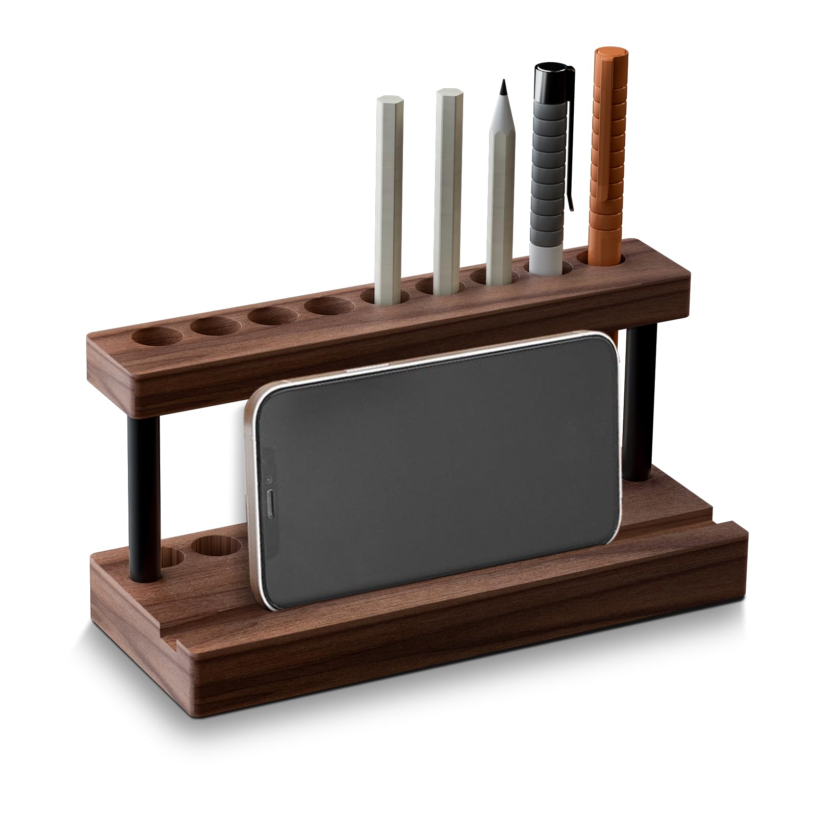 Photo 1 of U-Chain Pencil & Pen Holder for Desk, Solid Walnut Pen Display Stand with 9 Slots and Cell Phone Holder, Aesthetic Pen Organizer for Minimalist Office Desk Decor
