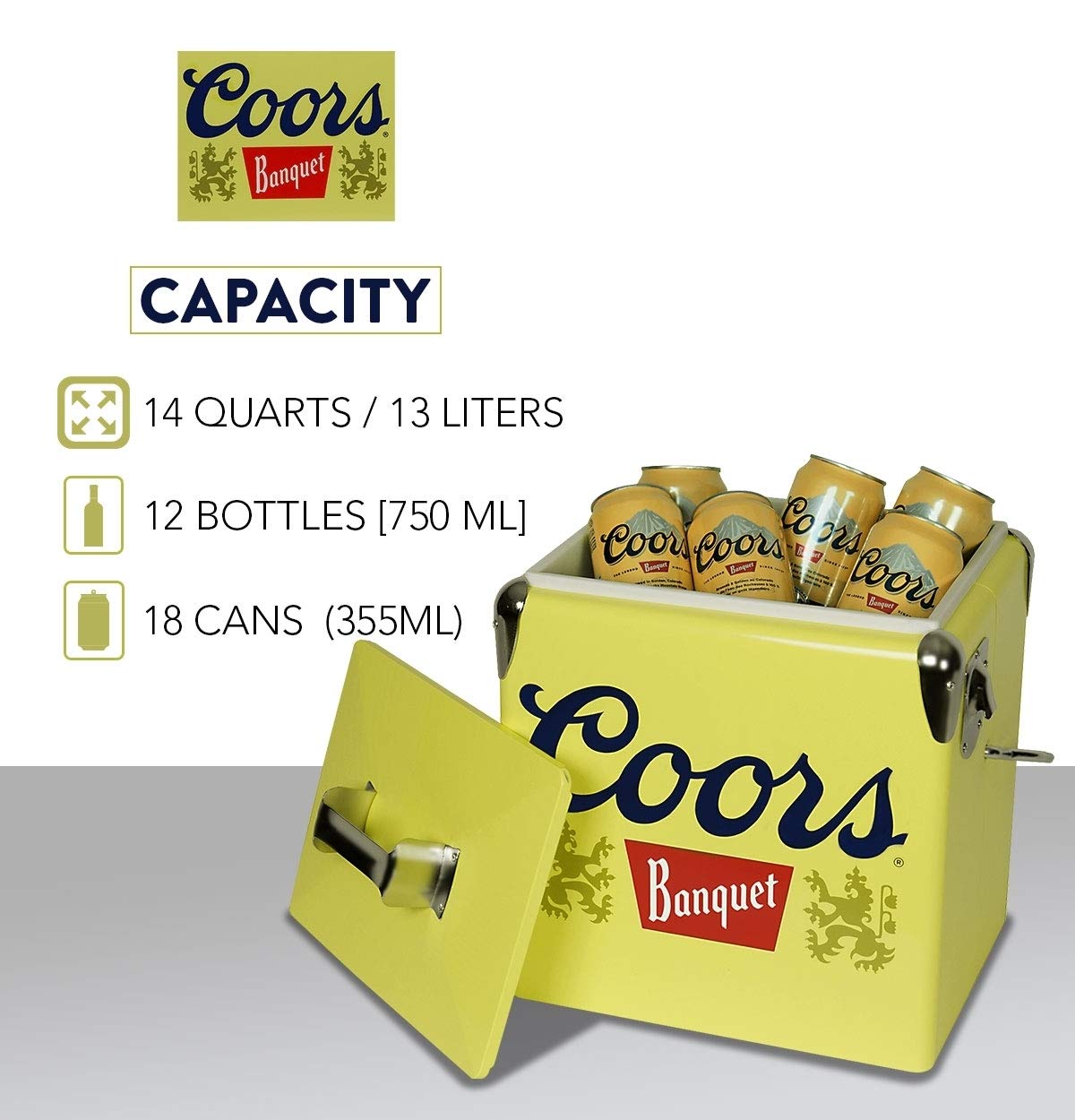 Koolatron Coors Banquet Retro Ice Chest Cooler with Bottle Opener 13L (14 qt), 18 Can Capacity, Yellow and Silver, Vintage Style Ice Bucket for Camping, Beach, Picnic, RV, BBQs, Tailgating, Fishing
