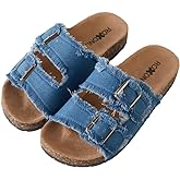 Roxoni Women's Comfort Flat Sandals Double Buckle Adjustable Straps Flat Slides Footbed Suede