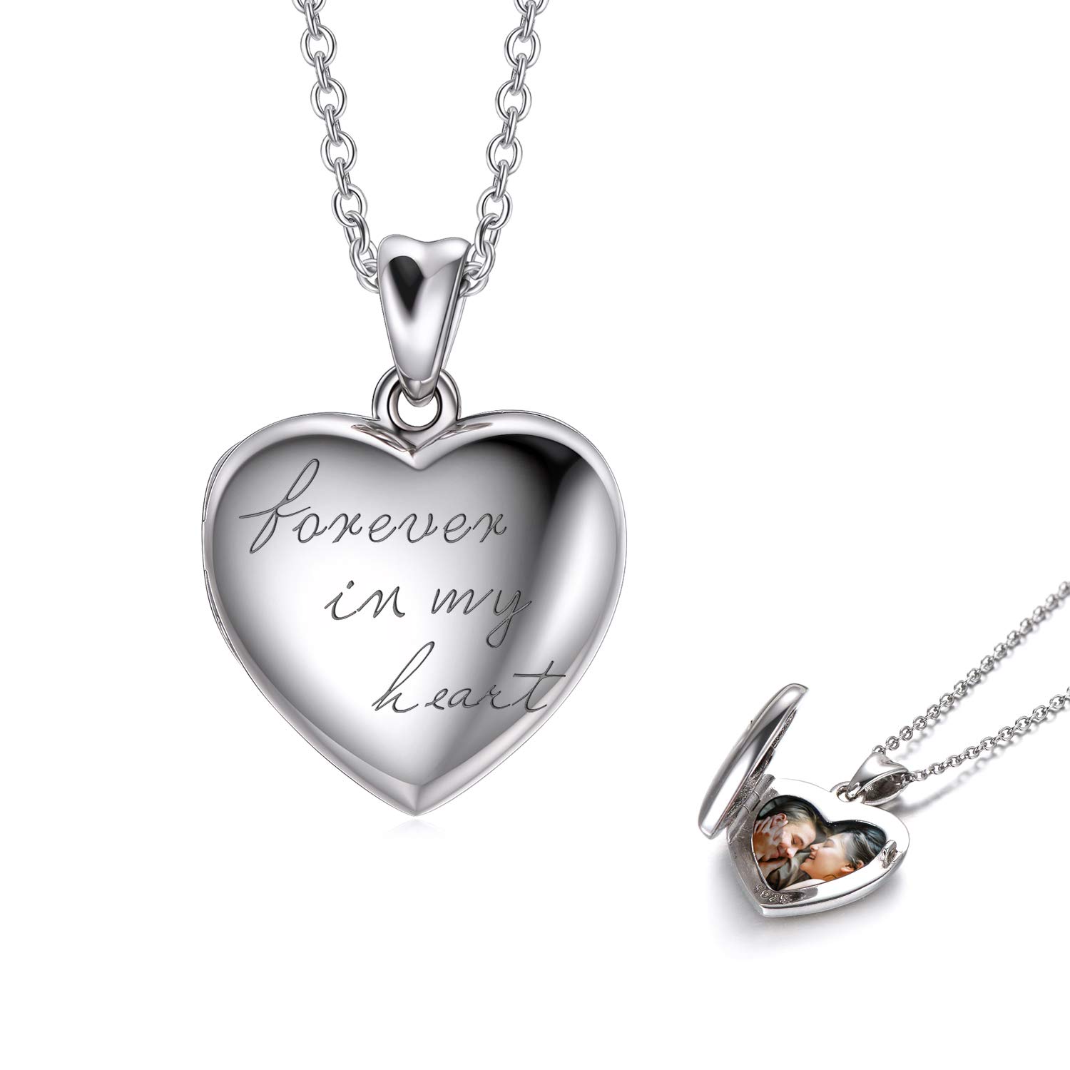 LONAGO 925 Sterling Silver Heart Locket Necklace Forever in My Heart Photo Locket Pendant Necklace Jewelry