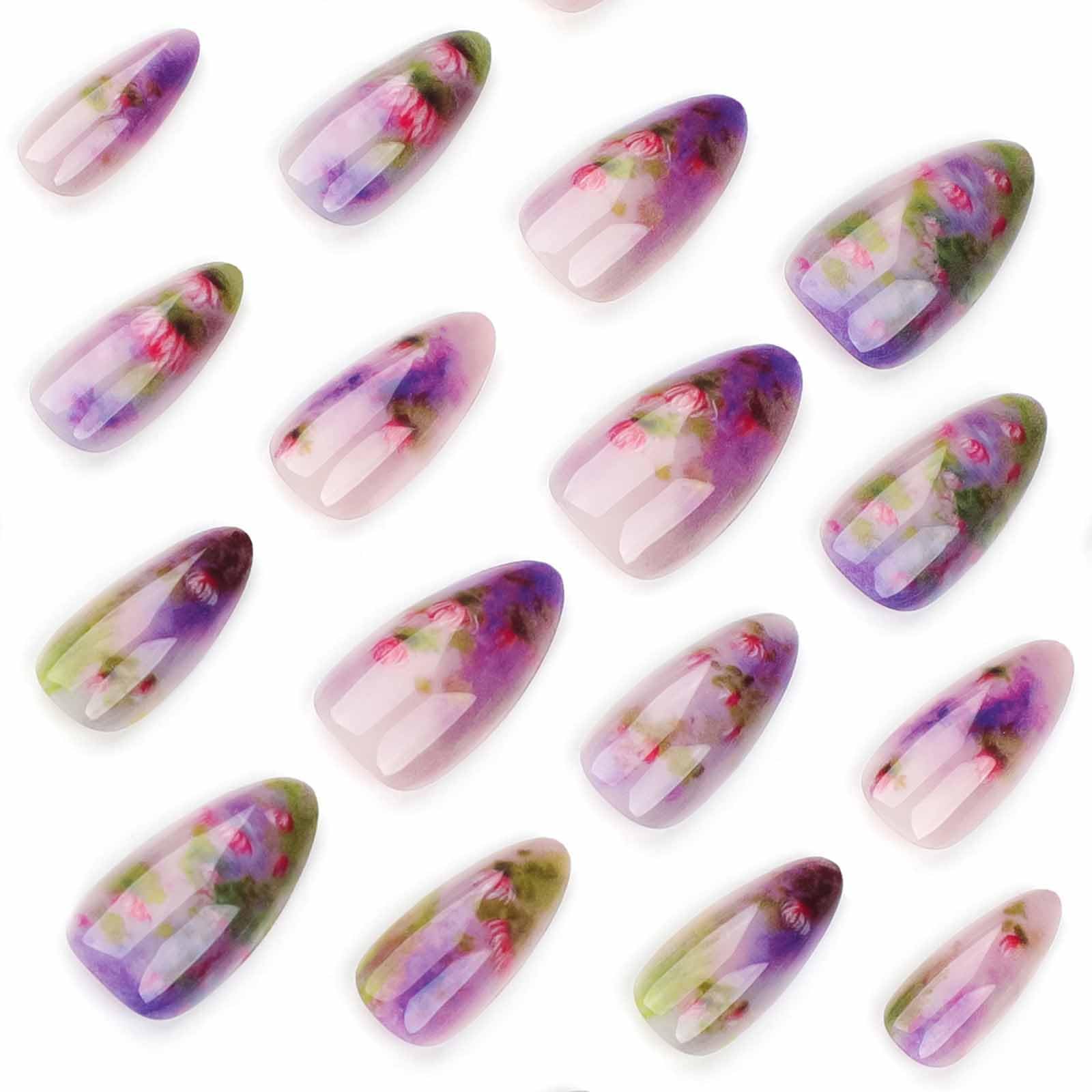 LBPEPAMZ 24Pcs Purple Press on Nails Medium Almond Fake Nails Purple Ombre Tips Full Cover Glossy Acrylic Nails False Nails Summer Lotus Lavender Stick on Nails Pink Flower Glue on Nails for Women - Image 3