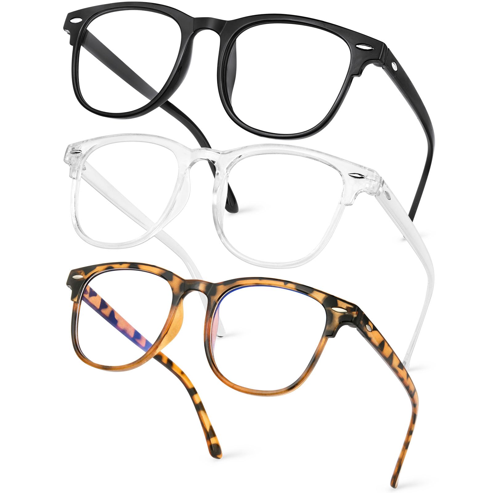 Aomig Blue Light Blocking Glasses, 3 Pcs Anti Blue Light Computer Gaming Glasses for Women Men, Lightweight Blue Light Blocking Reading Filter UV(Black+Transparent+Tortoiseshell)