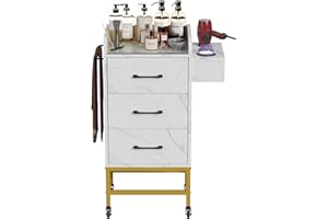 Kikihuose Salon Storage Trolley Cart, Rolling Barber Station w/Toughened Glass Top, Drawers, Hair Dryer Holders, Towel Rack, Locable Wheels for Hair Stylist, Salon Storage Equipment, White Marble
