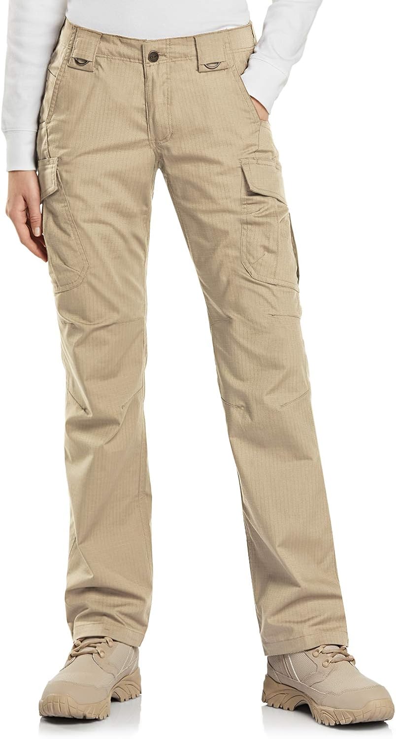 CQR Women's Flex Stretch Tactical Pants, Water Repellent Ripstop Work Pants, Elastic Waist Straight/Cargo Pants with Pockets: Clothing