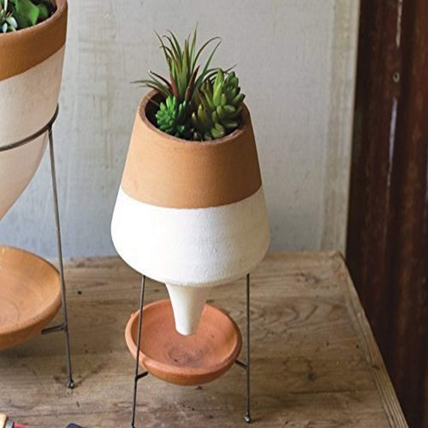 KALALOUH8724 Natural & White Small Funnel Planter, One Size, Cream & Natural Terracotta