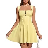 Women's Square Neck Lace Summer Casual Mini Dress Ruffle Flowy A Line Corset Buttons Cute Short Graduation Dresses