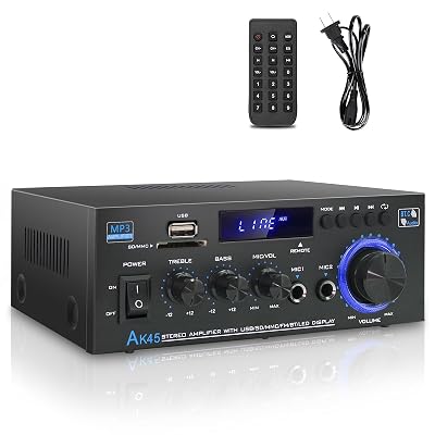 Stereo Home Audio Amplifier Receiver AK45, 400W Bluetooth 5.0 HiFi Stereo Power Amplifier 2.0 Channel RMS 40W x 2 Home Audio System with Remote Control Amp W/MIC,USB,RCA,FM Radio