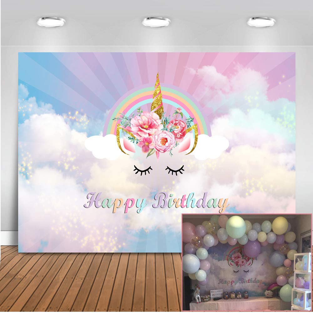 Mehofoto Birthday Unicorn Flower Backdrop 7x5ft Vinyl Rainbow Unicorn Kids Party Decoration Photo Backdrops Seamless Banner Photography Background
