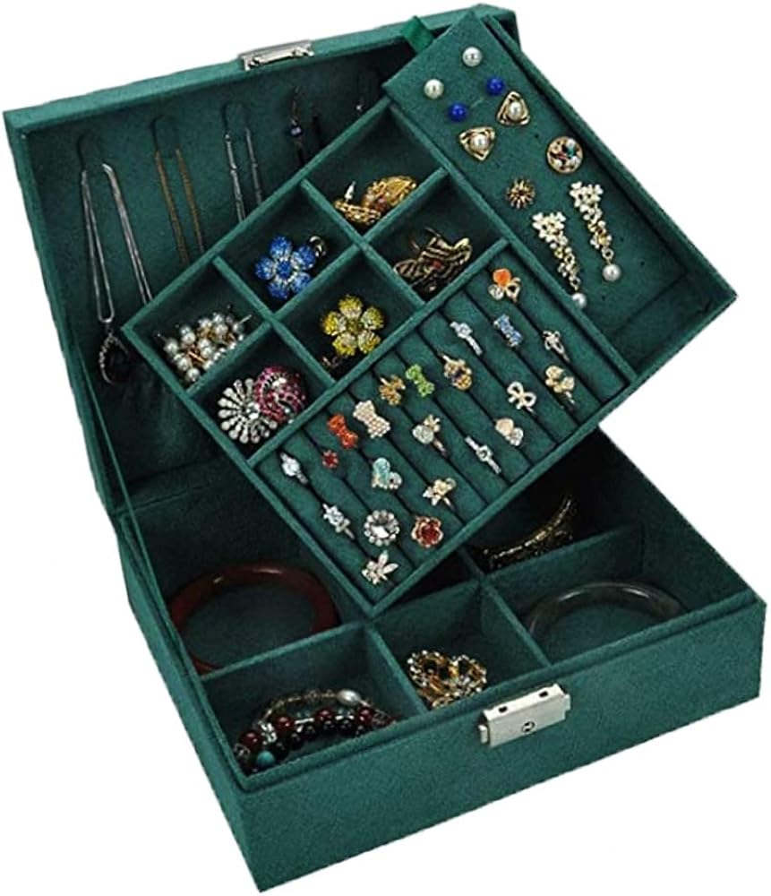 Coqlycot Jewellery Box Organiser with Lock for Necklace Earrings Bracelets Rings Double Stackable Layer, Removal Tray - Image 3