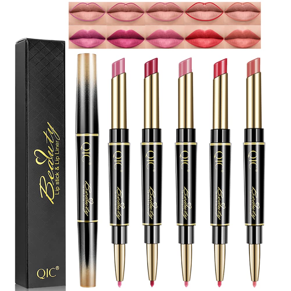Petansy 5pc Double Head Matte Lipstick Set - Long Lasting, Waterproof, Moisturizing Lip Liner & Lipstick