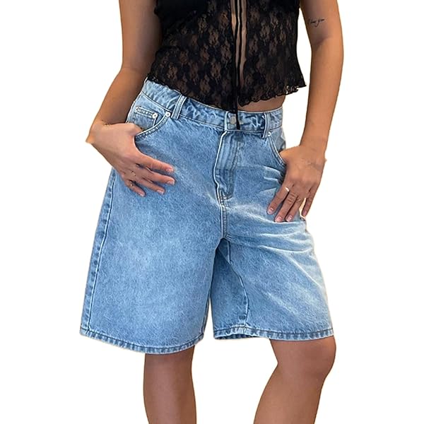 Aonoapll Women Wide Leg Bermuda Jean Shorts Casual High