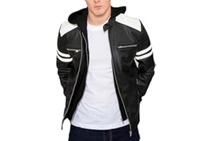 Men's Black with White Stripes Genuine Sheepskin Leather Motorcycle Biker Cafe Racer Removable Hood Quilted Jacket