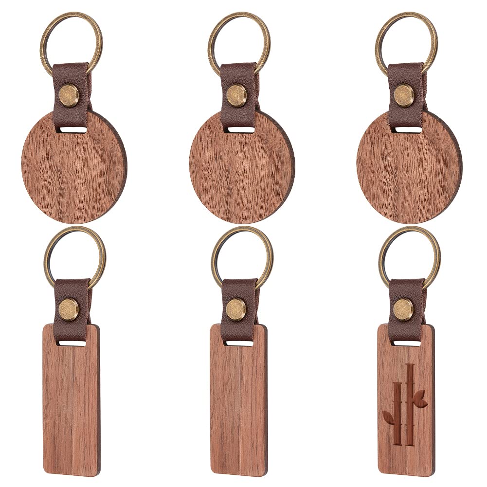 NBEADS 6 Pcs Wood Keychain Blanks, Rectangle and Round Wood Keychains Unfinished Wooden Craft Keyring Wooden Key Tags with Leather Strap for DIY Craft Engraving Personalized Gifts, Coconut Brown