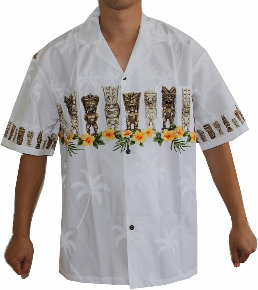 Hawaiian Men's Tiki Flowers Border Design Shirt