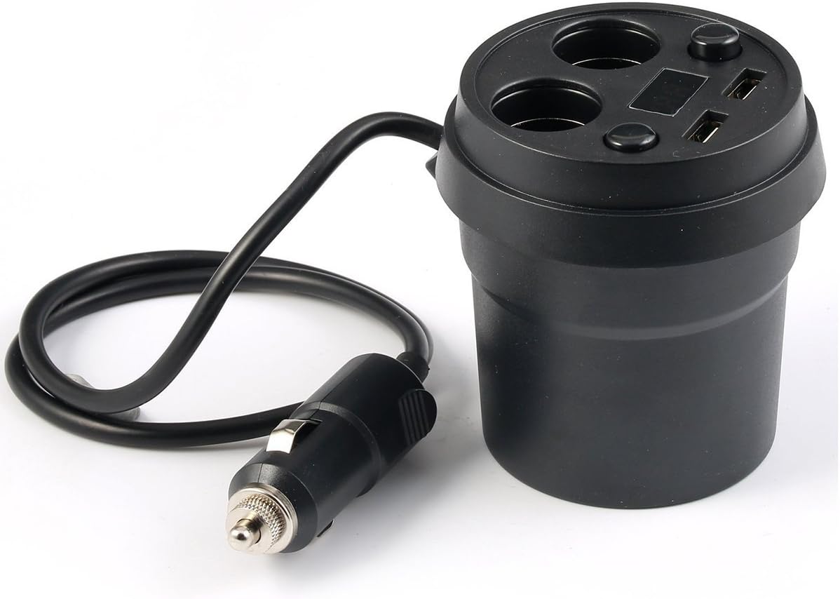 Car Charger, HOMREE Car Cup Charger Car Power Adapter (Built-in Safety Protection) with 2 USB Ports and 2 Sockets Cigarette Lighter LED Display for iPhone iPad, Android Samsung, GPS, Dashcam