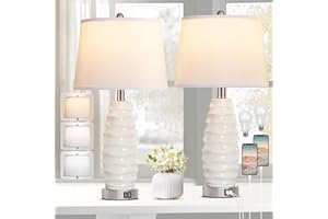 QiMH White Table Lamp Set of 2, 26" Farmhouse Bedside Lamps for Bedroom with USB Port, Modern Ceramic Lamp with White Shade Nightstand Living Room Decor, LED Bulb Included