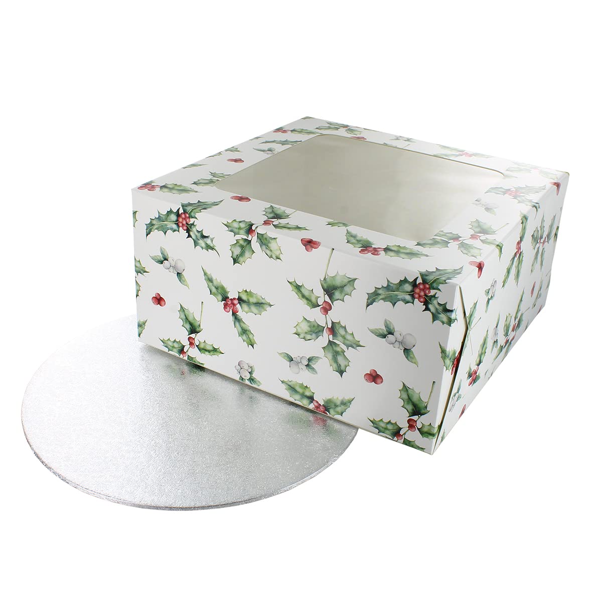 Culpitt Vintage Holly Cake Box and Silver Cake Board, Cake Card and Box Combo For Christmas Bakes and Festive Treats - 10 inch