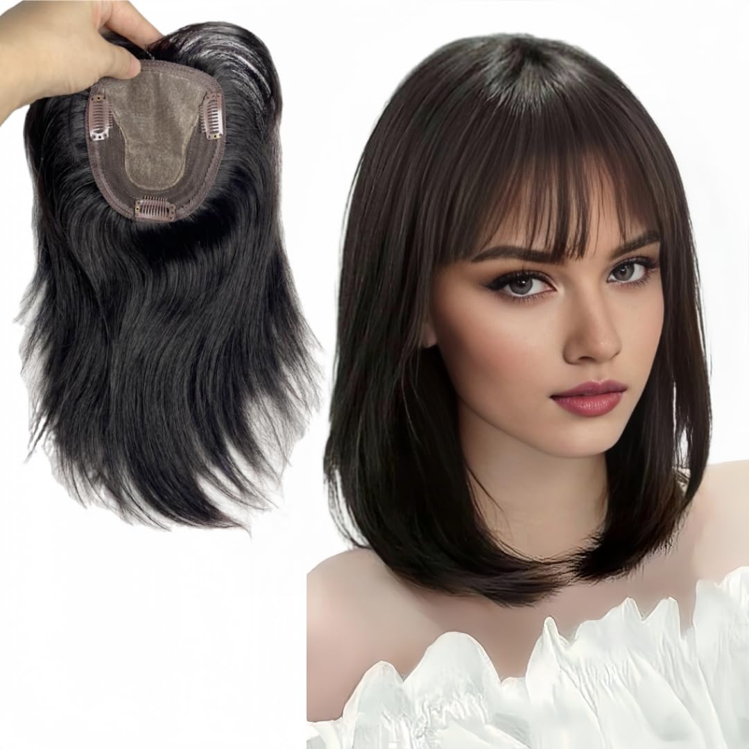 Photo 1 of 10x12 Lace Base Human Hair Toppers With Air Bangs Fringe Hair Invisible Natural Hairpiece Clip In Hair Extension For Thinning Volume (Black, 30cm(12inch))