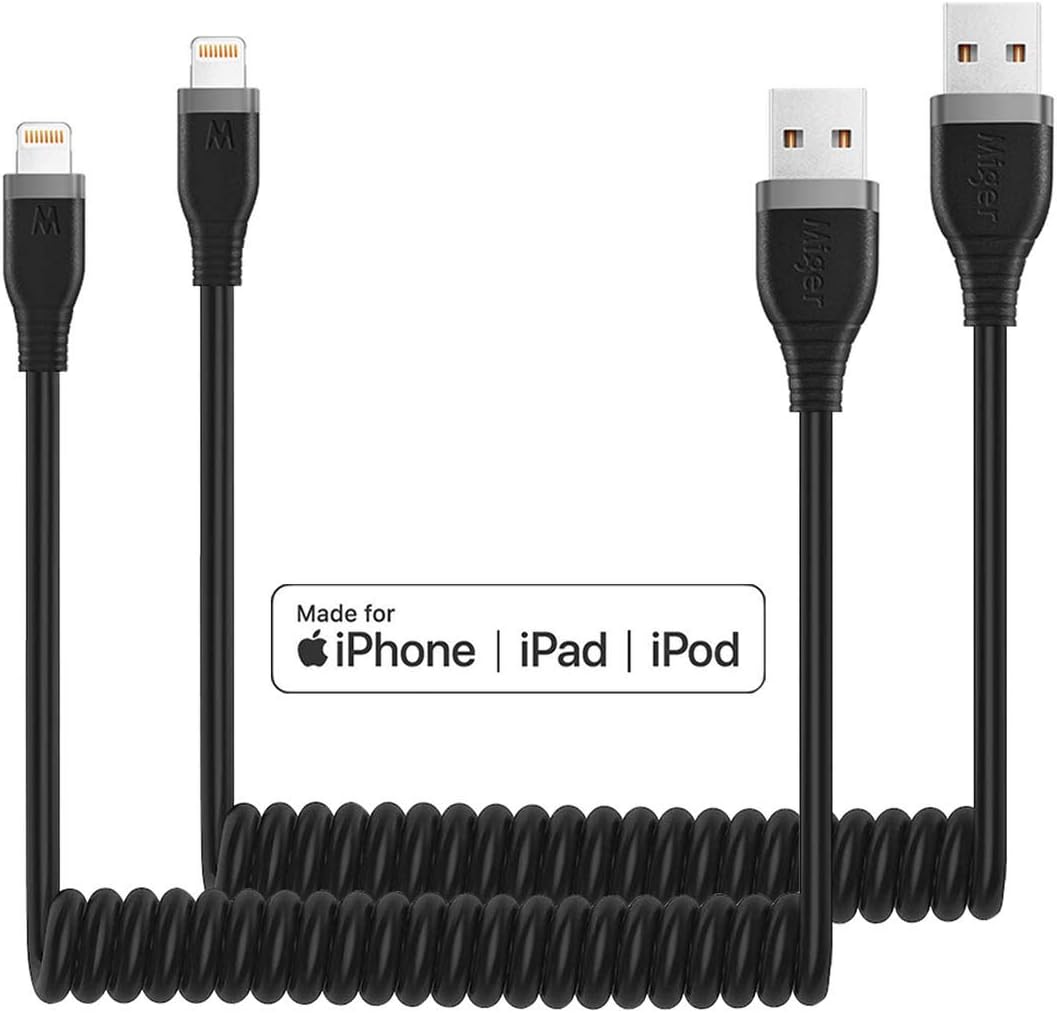 Coiled Lightning Cable [2Pack 4Ft] iPhone Charger Cable for Car MFi Certified Nylon Braided Retractable Fast Charging Cord with iPhone14/13/12/11 Pro Max/SE/XS MAX/XR/XS/X/8/7/Plus/6S iPad/iPod/iPads