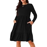 Seta T Women's Casual Long Sleeve Tiered Round Neck Beach Vacation Loose A- Line Swing Dress with Pockets