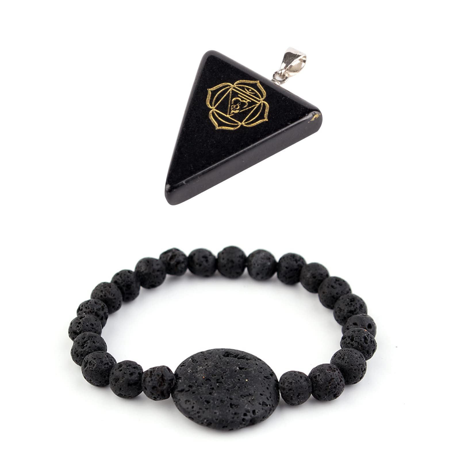 Soulnioi Obsidian Chakra Necklace Triangle Pendant Healing Crystal and Black Sun Volcanic Rock Bracelet Elastic Yoga Lava Beads