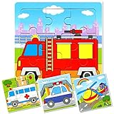 INTELLITOYZ 1 Set of 4: 9 Piece Wooden Emergency 911 Vehicles Puzzles. Kids Colorful Educational Jigsaws Include Fire Truck, Ambulance, Police Car an