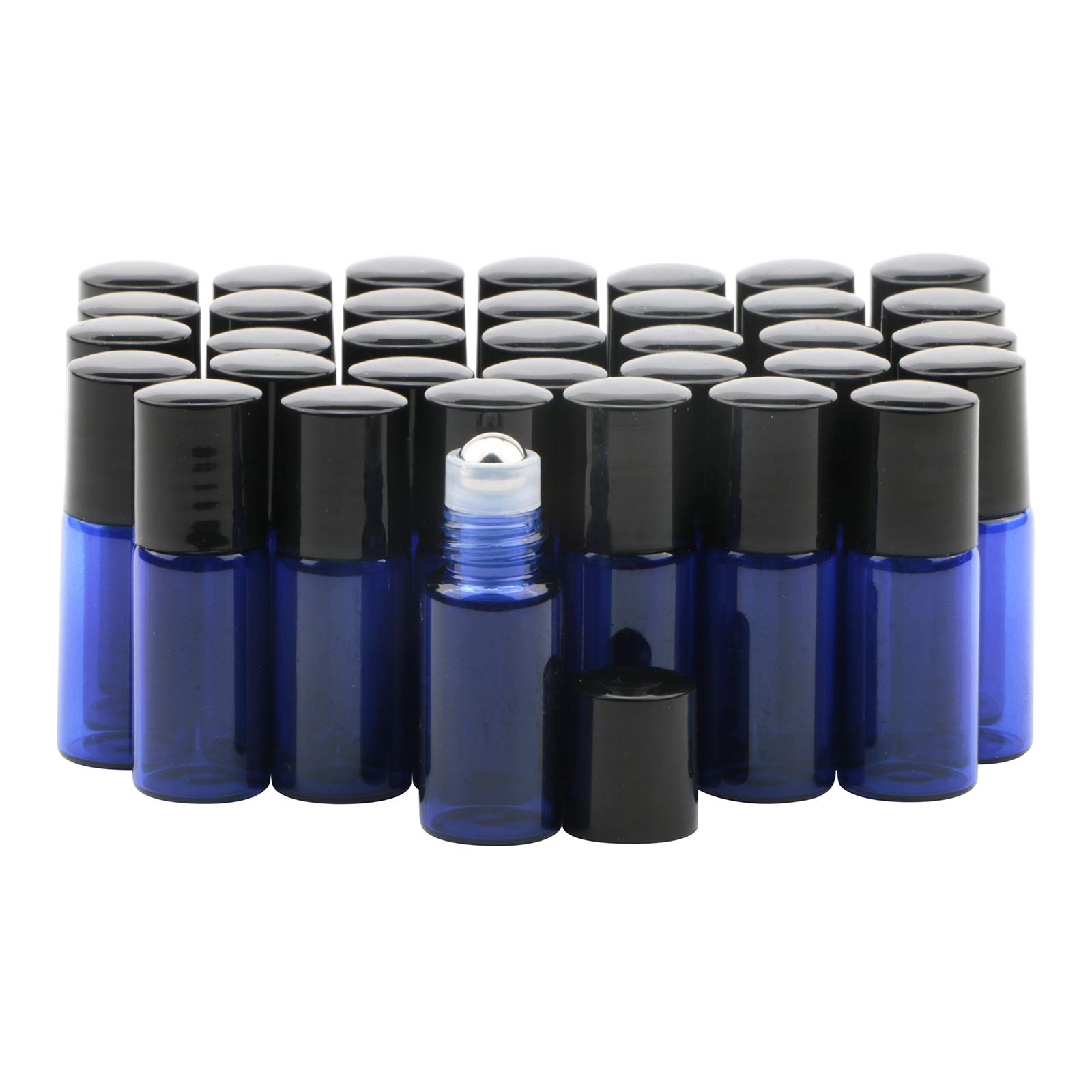 Rowiz 35PCS Essential Oils Roller Bottle 3ml Mini Glass Roll on Bottles with Stainless Steel Roller Balls and Black Screwcap (blue)