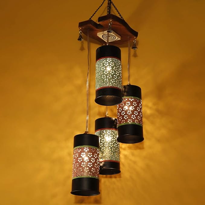 ExclusiveLane Cylindrical Chandelier with Metal Hanging Lamp Shades (4 Shades) for Ceiling