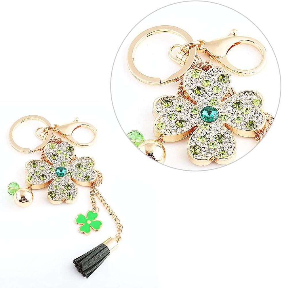 Hztyyier Crystal Four-Leaf Clover Keychain, Car Keys Ring with Tassel, Green Bag Pendant - Image 4