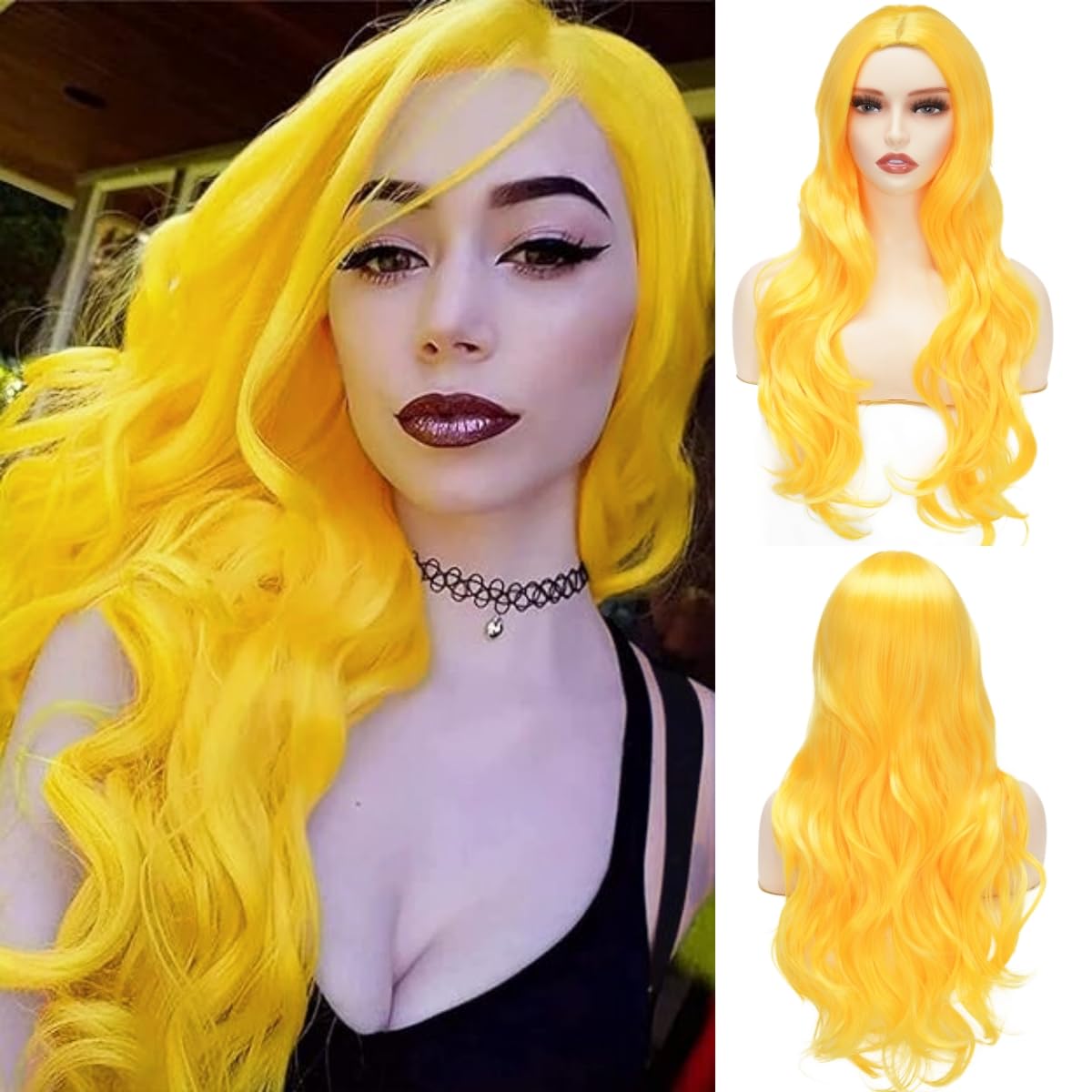 Photo 1 of Long Yellow Curly Wavy Wigs for Women Side Part Natural Synthetic Heat Resistant for Daily Use Halloween Cosplay Wig