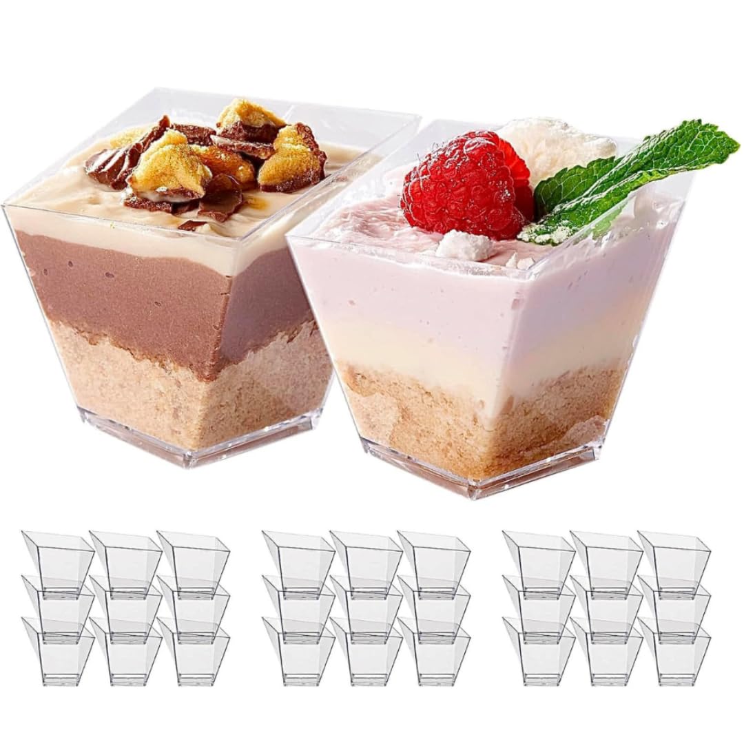 MATANA 100 Mini Square Hard Plastic Dessert Cups for Parties (Trapezoid 70ml) - Reusable Individual Dessert Pots for Cheesecake, Jelly, Puddings, Mousse, Tiramisu, Trifles