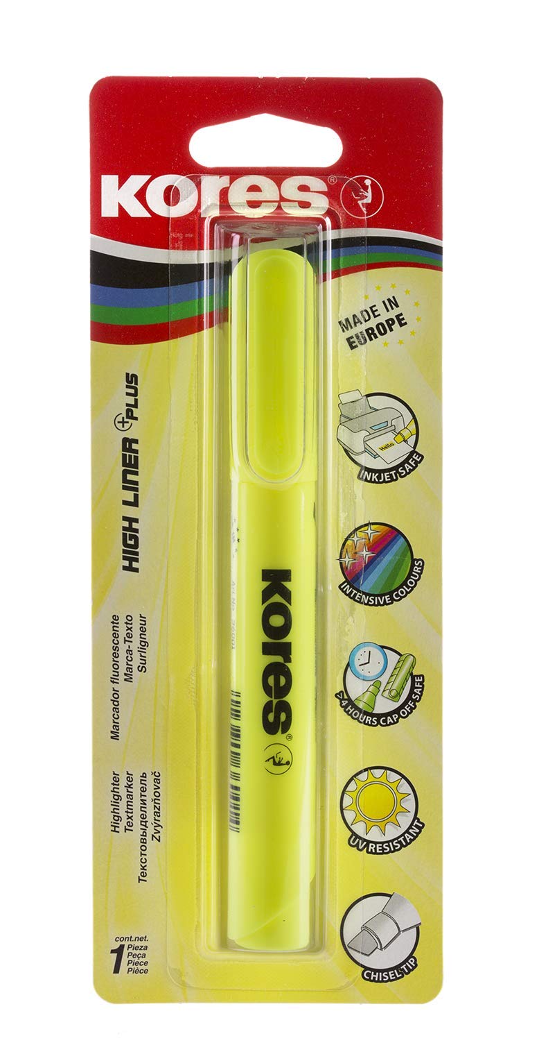 Kores - Yellow Fluorescent Highlighter Pen - High Liner Plus, Fluorescent, Water Based-Ink Highlighter Pen with Ergonomic Shape - Stationery School Supplies, Office Supplies - Single Pack
