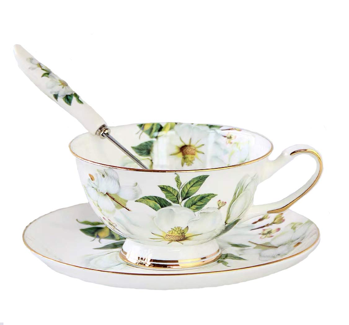SudaTek Gift Set Vintage Fine Bone China Tea Cup Spoon and Saucer Set Gold Trim Fine Dining and Table Décor (White Camellia)