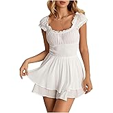 SweatyRocks Women's Boho Romper Off the Shoulder Cap Sleeve Flowy Ruffle Chiffon Shorts Jumpsuit Playsuits