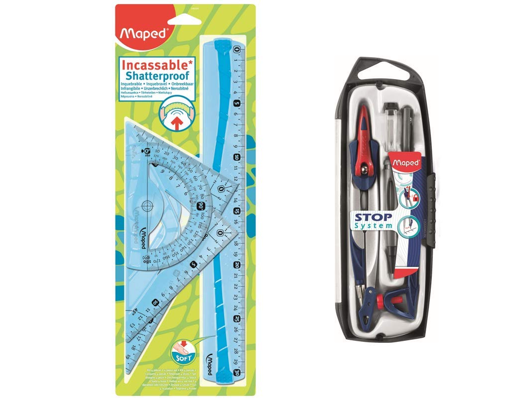 Maped 4-Piece Tracing Kit with 30 cm Ruler, 180 °/12 cm Protractor, 60 °/21 cm Square 45 °/21 cm + 5-Piece Stop System Compass – Blue or Green
