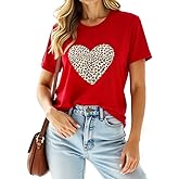 Womens Valentines Shirts Leopard Cute Love Heart Leopard Graphic Tee Short Sleeve Casual Heart Tops Mother's Day for Her,Red