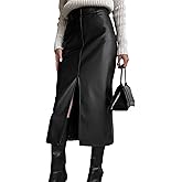 Women's High Waisted Faux Leather Skirt Sexy Bodycon Front Split Pencil Slim Fit Midi Long Skirts