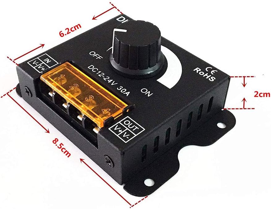 RKURCK 12V/24V DC 30A PWM LED Dimmer Controller, Single Channel for Single Color LED Strip Lights 5050 3528 5630, 360W-720W, 0-30A - Image 5