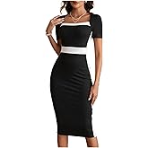 winkbay Women's Color Block Square Neck Dress Elegant Short Sleeve Bodycon Midi Dresses