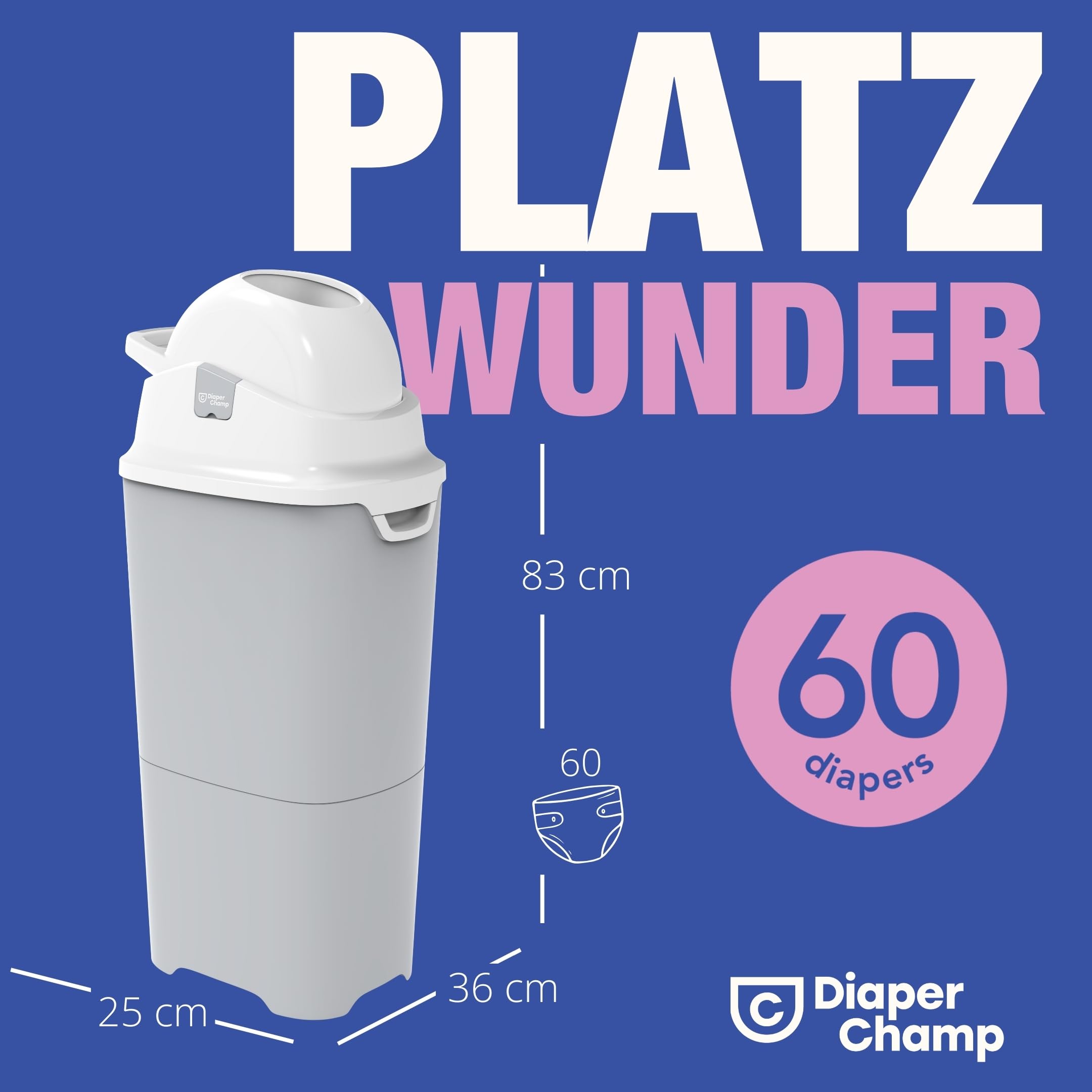 DIAPER CHAMP ONE MAXI Windeleimer - geruchsdicht - OHNE Nachfüllkassetten - funktioniert mit normalen herkömmlichen Tüten/Müllbeutel - für ca. 60 Windeln - silber/weiß 6