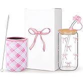 Reallnaive Valentine's Day Coquette Bow Aesthetic Cup with Pink Bow Straw Stopper and Sleeve, 16 oz Girly Preppy Iced Coffee Cup Gifts Box for Teen Girls Women Birthday Christmas