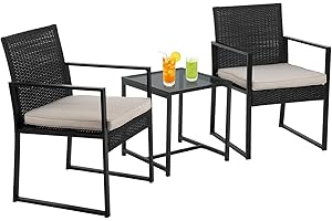PayLessHere | 3-Piece Outdoor Patio Furniture Set | Khaki | Modern Rattan Bistro Set with Cushioned Chairs & Tempered Glass Coffee Table | Indoor & Outdoor Seating | for Balcony, Garden, Poolside