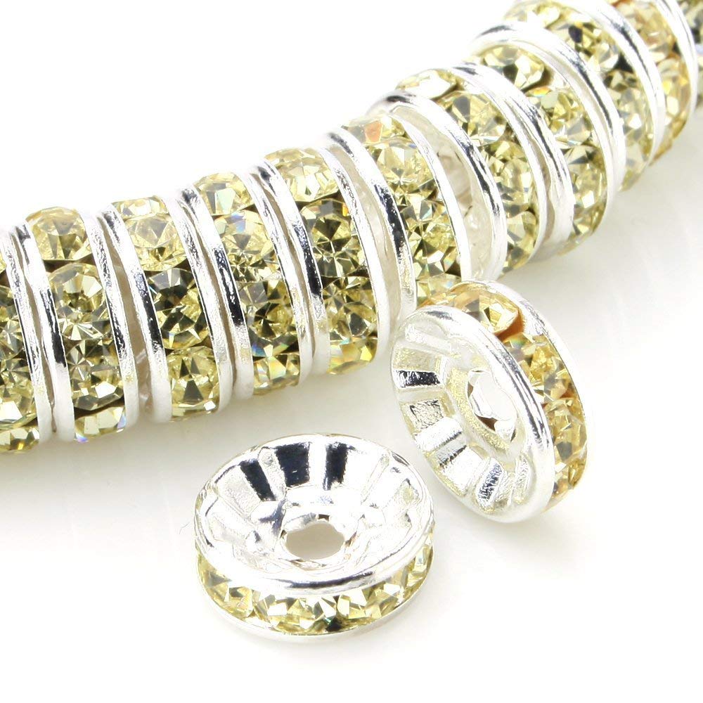 RUBYCA 100pcs 10mm A+++ Round Rondelle Spacer Charm Beads Silver Tone Light Yellow Czech Crystal